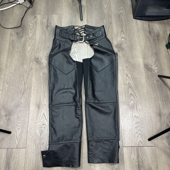 Vintage Harley Davidson Women's Black Leather Riding Chaps USA Made Size Small - Picture 2 of 13